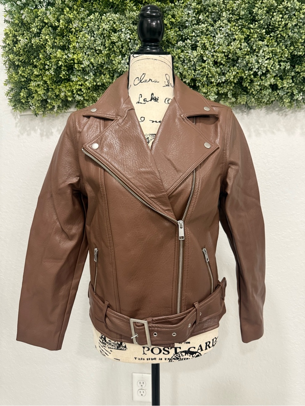 Old Navy Brown Leather Moto Jacket with Belted Waist